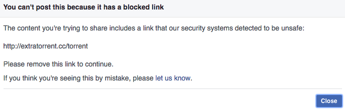 facebook blocks links torrenting